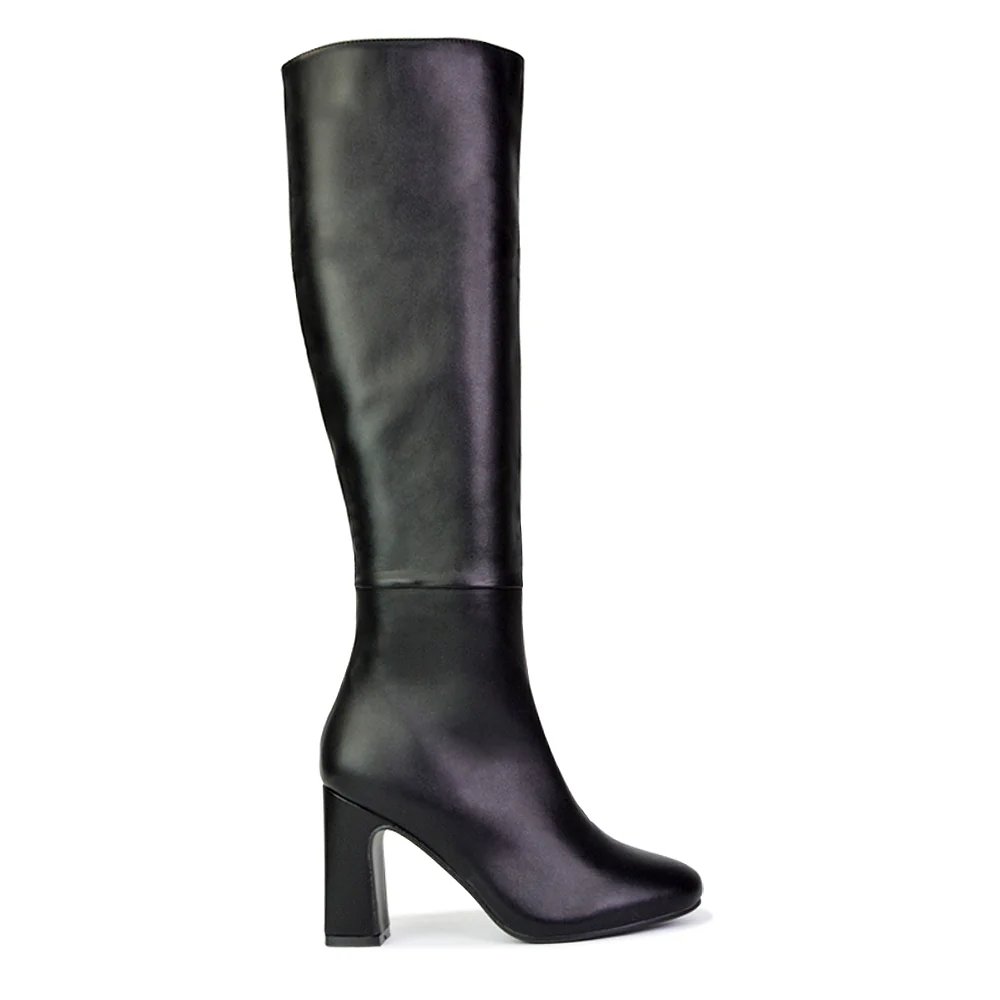 Lillia Winter Zip-up Long Block High Heel Knee High Boots in Black Faux Suede - Image 6