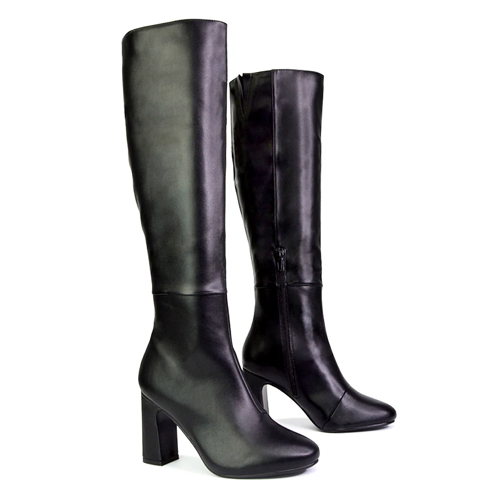 Lillia Winter Zip-up Long Block High Heel Knee High Boots in Black Faux Suede - Image 8