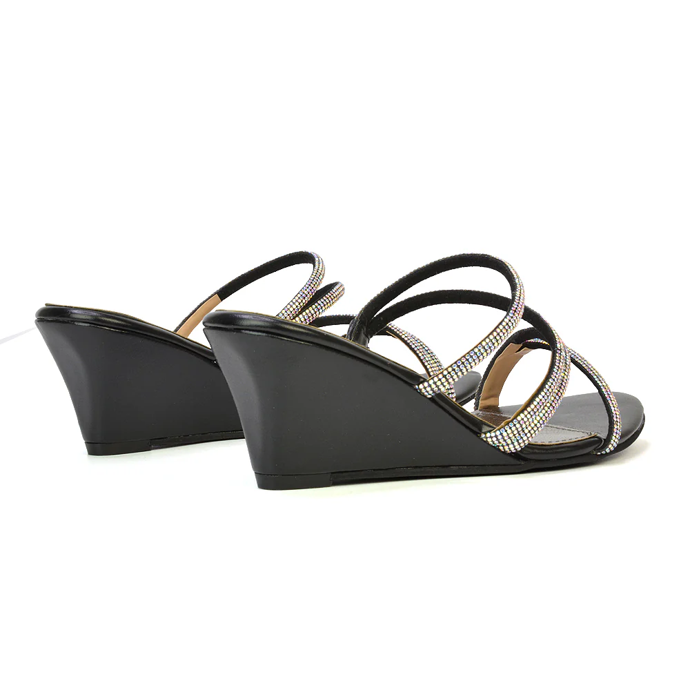 Lilliana Slip On Strappy Diamante Wedge Heel Summer Sandals in Black - Image 110