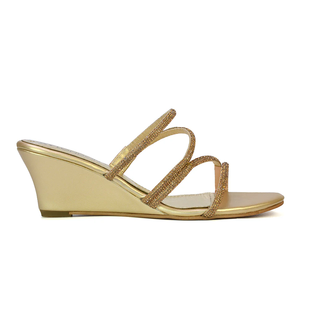 Lilliana Slip On Strappy Diamante Wedge Heel Summer Sandals in Black - Image 43