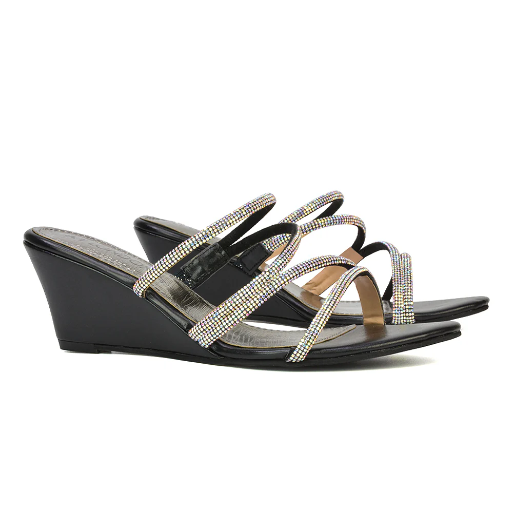 Lilliana Slip On Strappy Diamante Wedge Heel Summer Sandals in Black - Image 89
