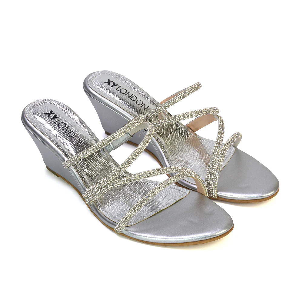 Lilliana Slip On Strappy Diamante Wedge Heel Summer Sandals in Gold - Image 19