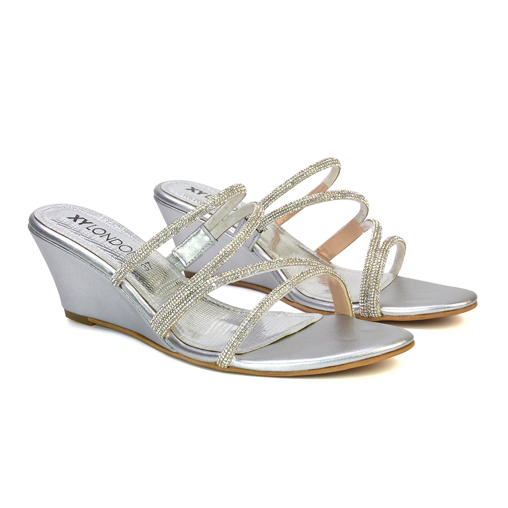 Lilliana Slip On Strappy Diamante Wedge Heel Summer Sandals in Gold - Image 28