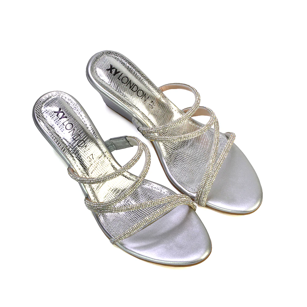 Lilliana Slip On Strappy Diamante Wedge Heel Summer Sandals in Gold - Image 42