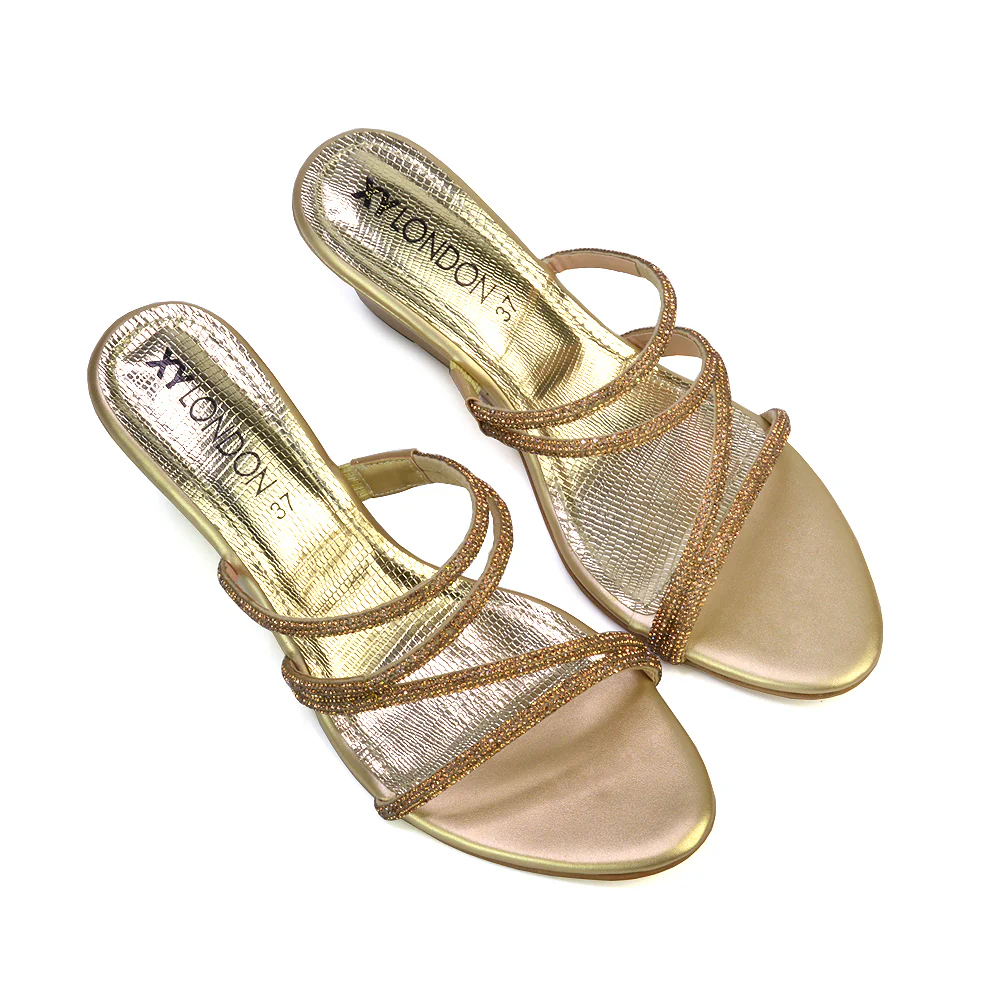 Lilliana Slip On Strappy Diamante Wedge Heel Summer Sandals in Gold - Image 44