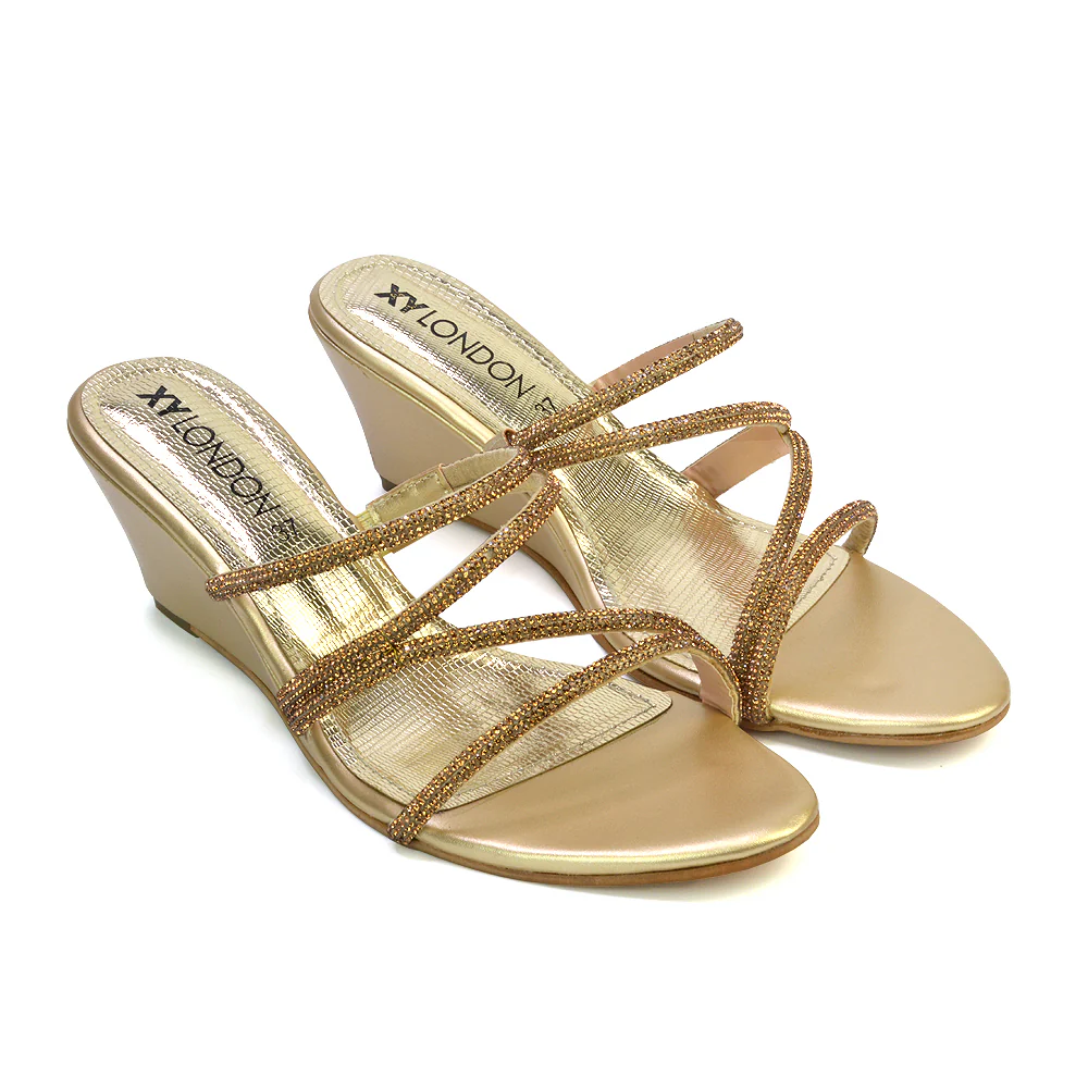 Lilliana Slip On Strappy Diamante Wedge Heel Summer Sandals in Gold - Image 60