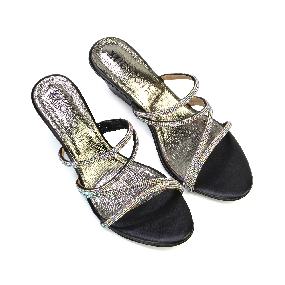 Lilliana Slip On Strappy Diamante Wedge Heel Summer Sandals in Gold - Image 90