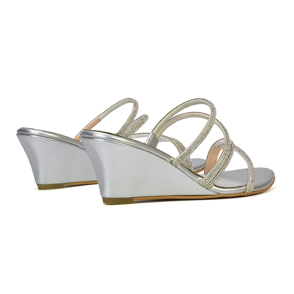 Lilliana Slip On Strappy Diamante Wedge Heel Summer Sandals in Silver - Image 3
