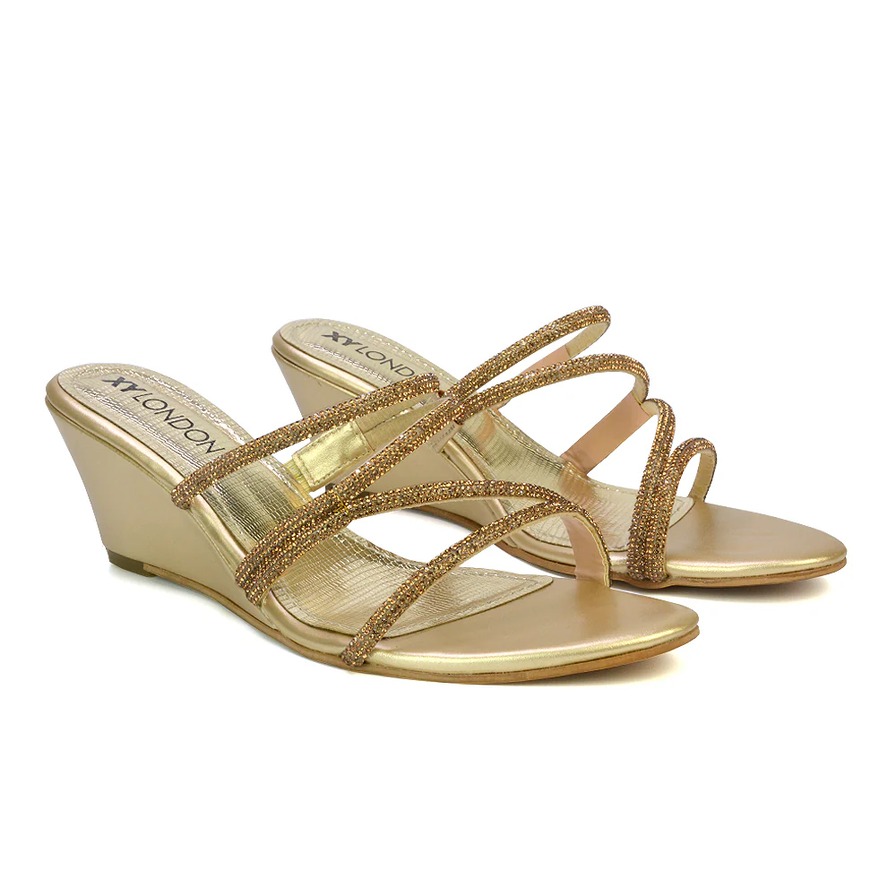Lilliana Slip On Strappy Diamante Wedge Heel Summer Sandals in Silver - Image 77