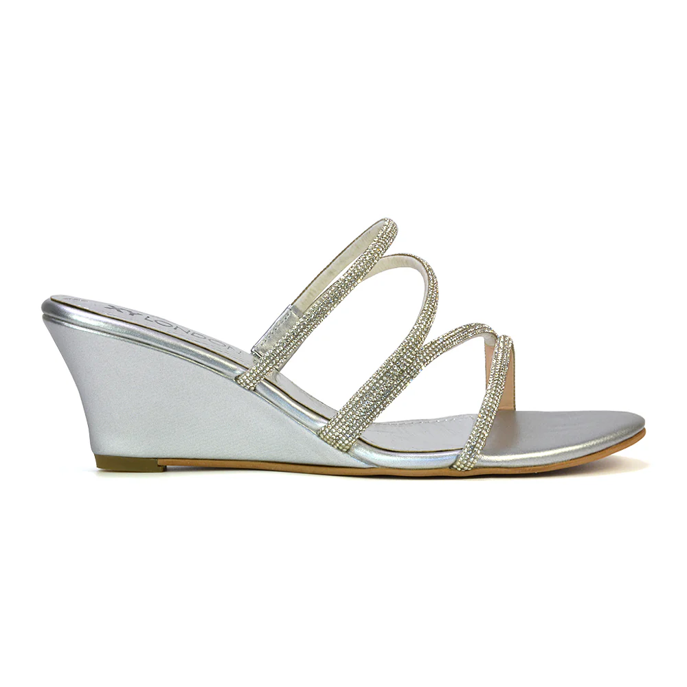 Lilliana Slip On Strappy Diamante Wedge Heel Summer Sandals in Silver - Image 9