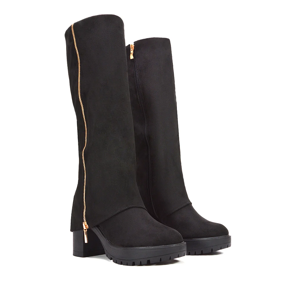Lillie Side Zip Fold Over Knee High Block Heel Layered Boots in Black Faux Suede - Image 4