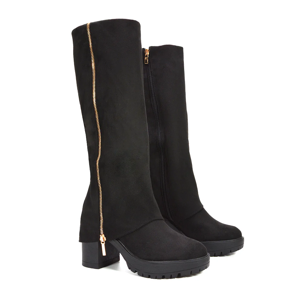 Lillie Side Zip Fold Over Knee High Block Heel Layered Boots in Black Faux Suede - Image 5