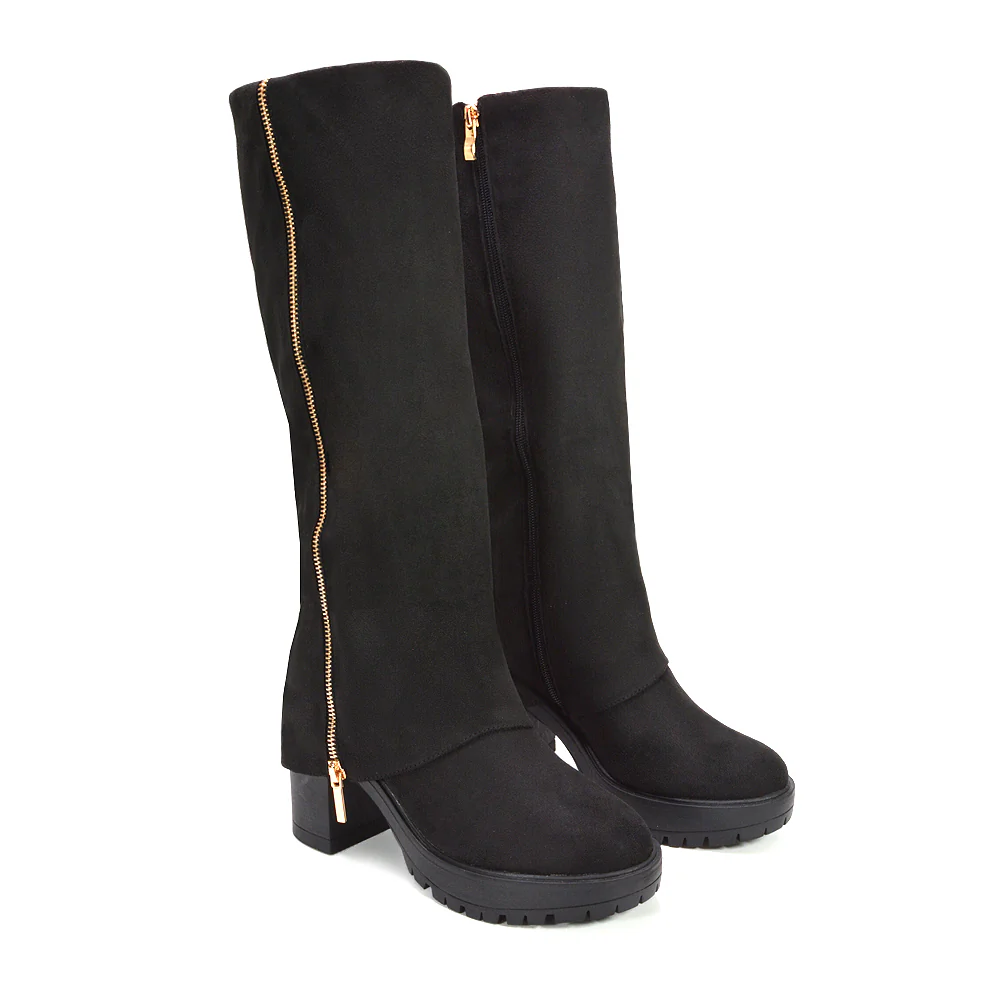 Lillie Side Zip Fold Over Knee High Block Heel Layered Boots in Black Faux Suede - Image 6