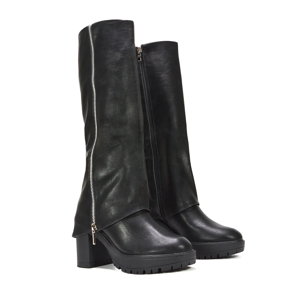 Lillie Side Zip Fold Over Knee High Block Heel Layered Boots in Black Faux Suede - Image 9