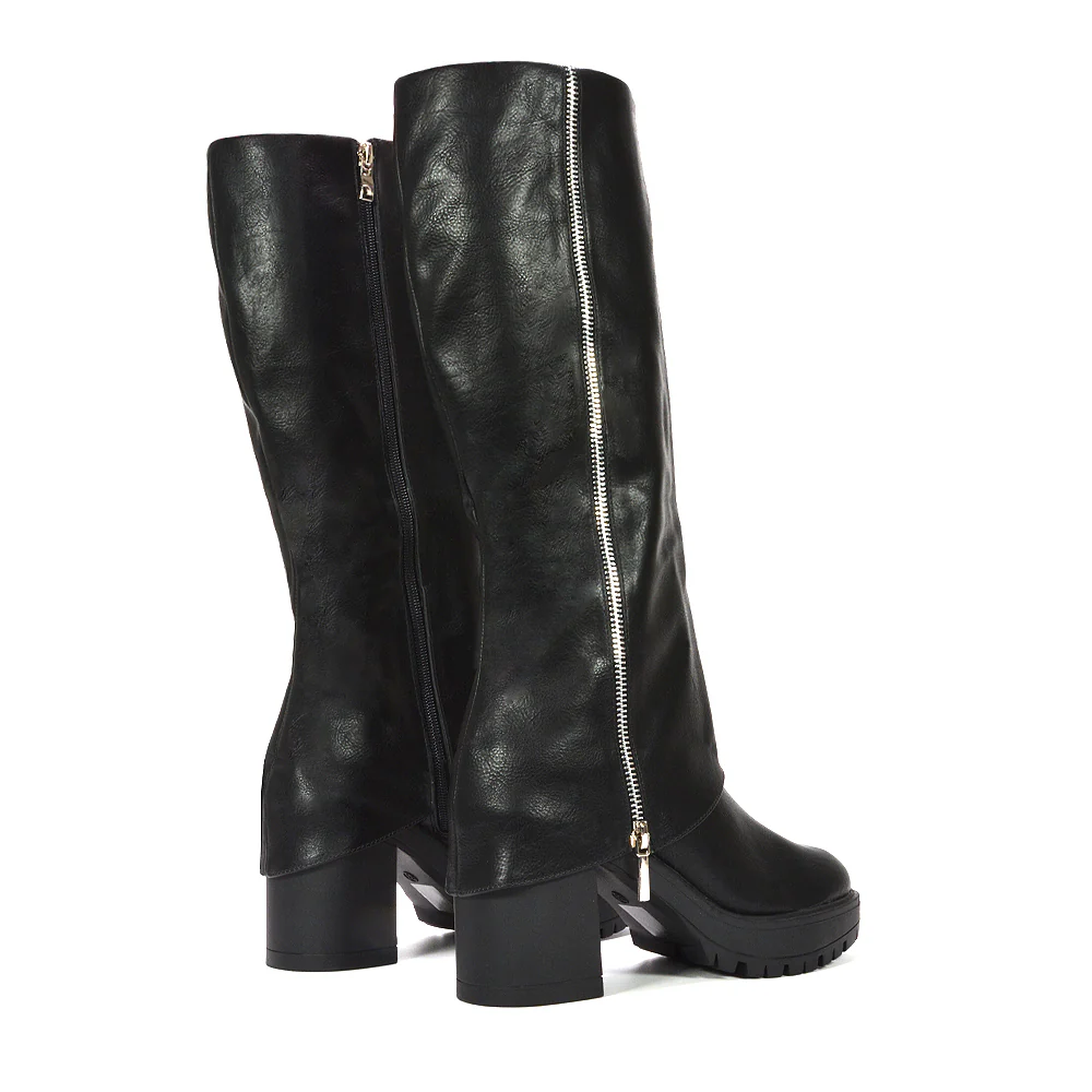 Lillie Side Zip Fold Over Knee High Block Heel Layered Boots in Black Faux Suede - Image 10