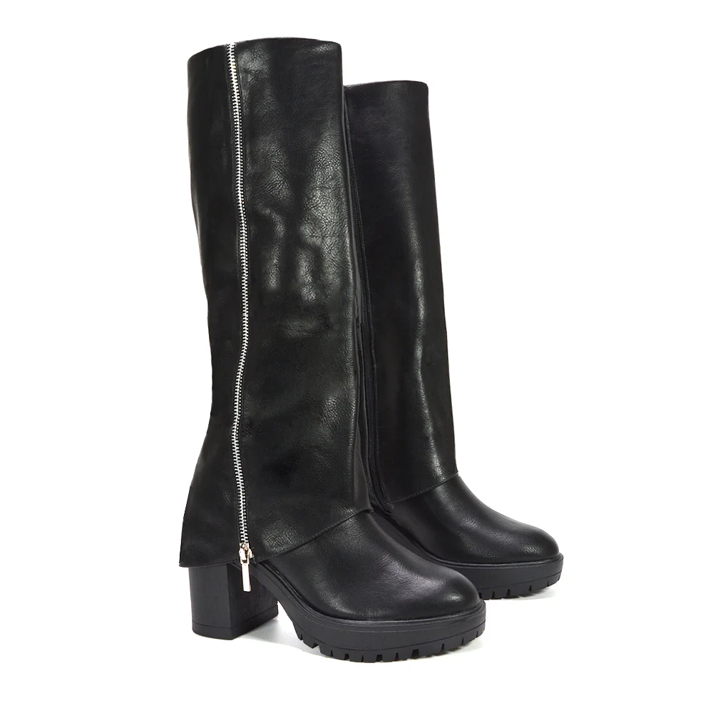Lillie Side Zip Fold Over Knee High Block Heel Layered Boots in Black Faux Suede - Image 11