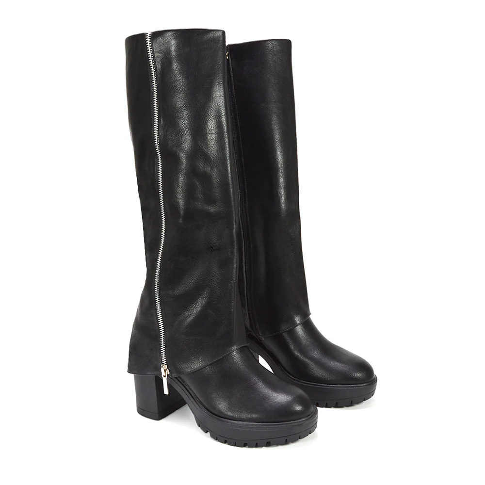 Lillie Side Zip Fold Over Knee High Block Heel Layered Boots in Black Faux Suede - Image 12