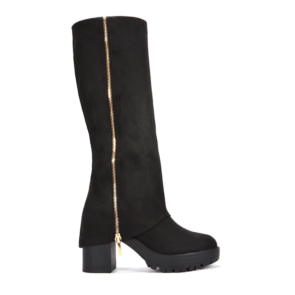 Lillie Side Zip Fold Over Knee High Block Heel Layered Boots in Black Faux Suede