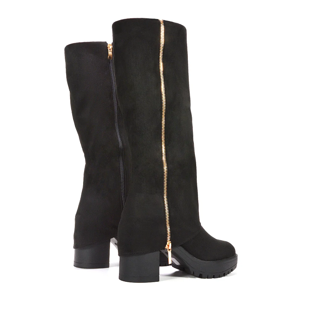 Lillie Side Zip Fold Over Knee High Block Heel Layered Boots in Black Faux Suede - Image 2
