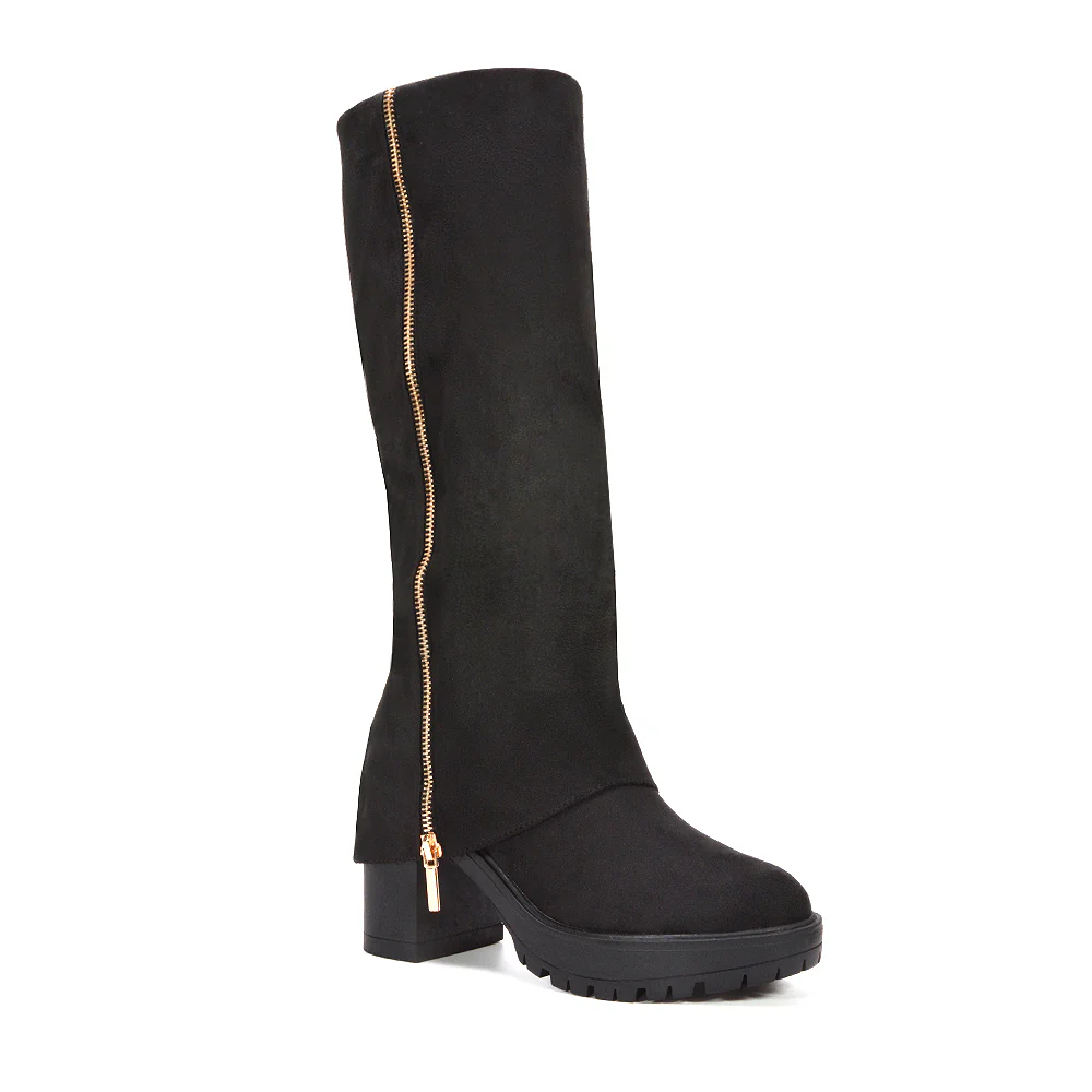 Lillie Side Zip Fold Over Knee High Block Heel Layered Boots in Black Faux Suede - Image 3
