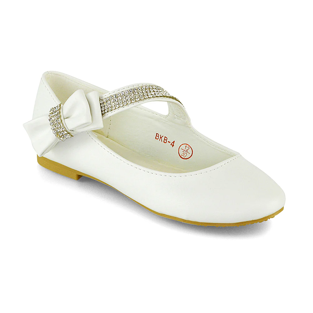 Lilo Kids Flat Bow Detail Diamante Embellished Detail Front Strap Wedding Ballerina Pump Shoes In Ivory - Image 22