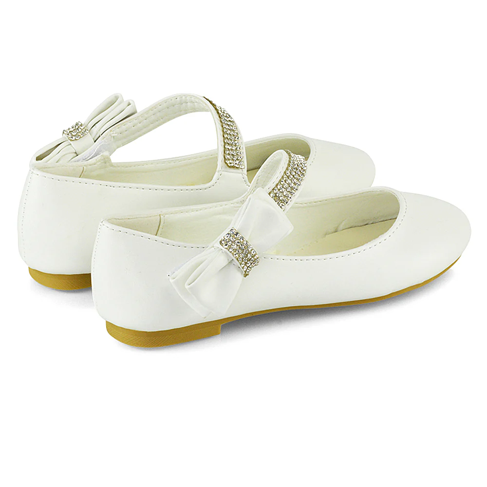 Lilo Kids Flat Bow Detail Diamante Embellished Detail Front Strap Wedding Ballerina Pump Shoes In Pink - Image 20
