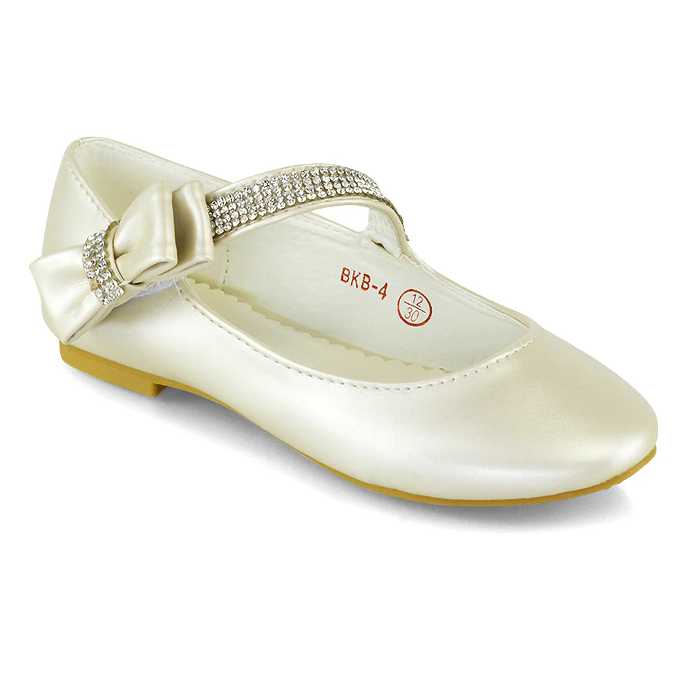 Lilo Kids Flat Bow Detail Diamante Embellished Detail Front Strap Wedding Ballerina Pump Shoes In Pink - Image 74