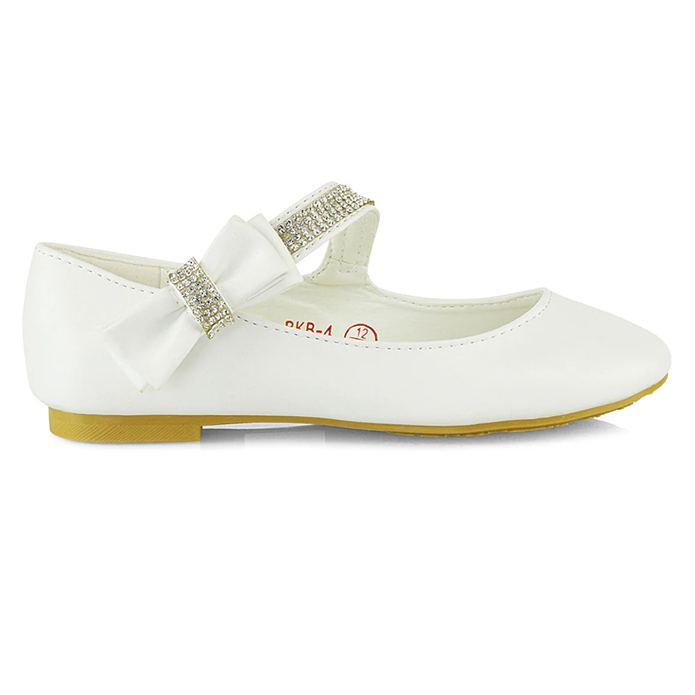 Lilo Kids Flat Bow Detail Diamante Embellished Detail Front Strap Wedding Ballerina Pump Shoes In Rose Gold - Image 17
