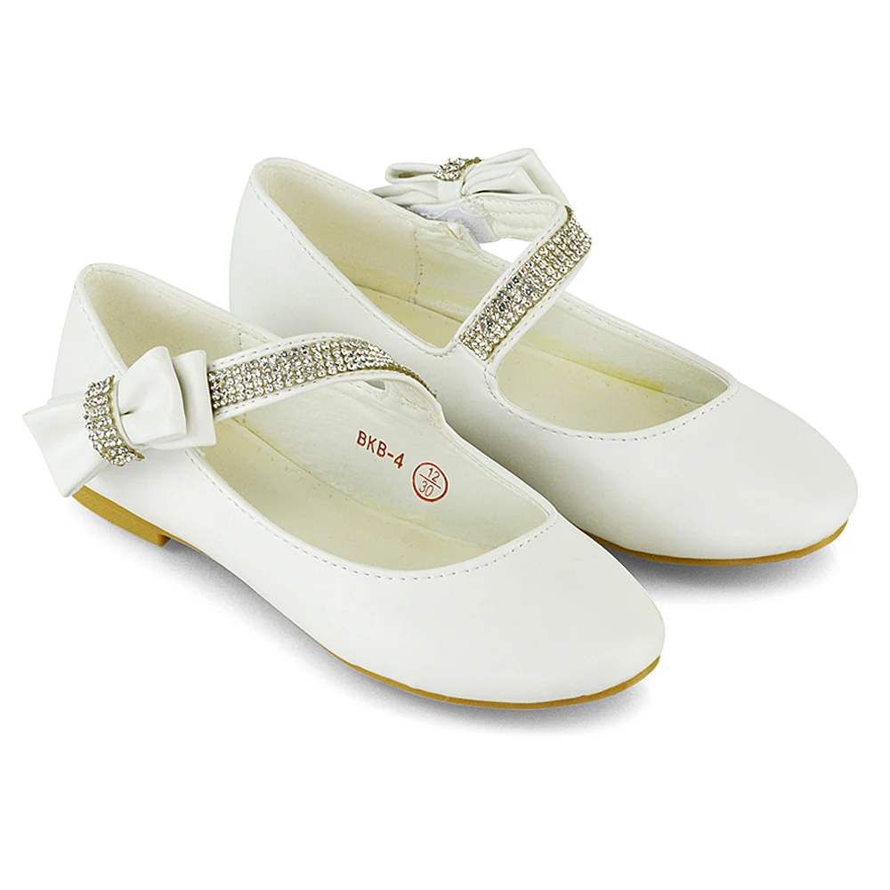 Lilo Kids Flat Bow Detail Diamante Embellished Detail Front Strap Wedding Ballerina Pump Shoes In Rose Gold - Image 19