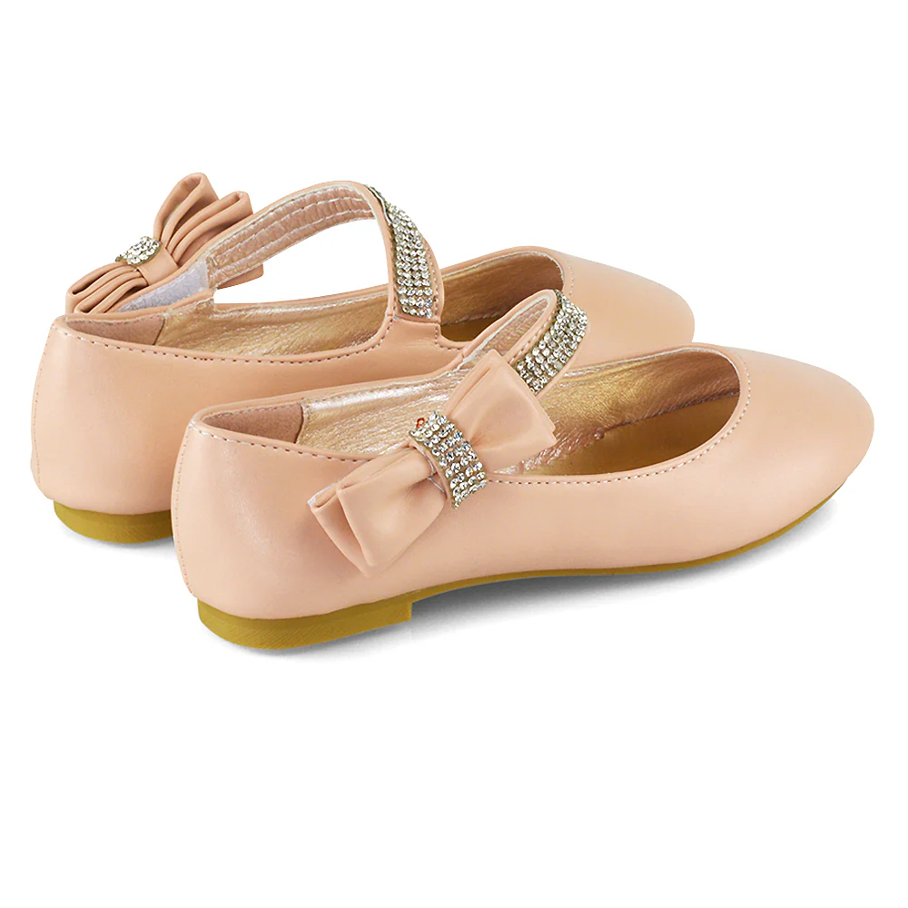 Lilo Kids Flat Bow Detail Diamante Embellished Detail Front Strap Wedding Ballerina Pump Shoes In Rose Gold - Image 52