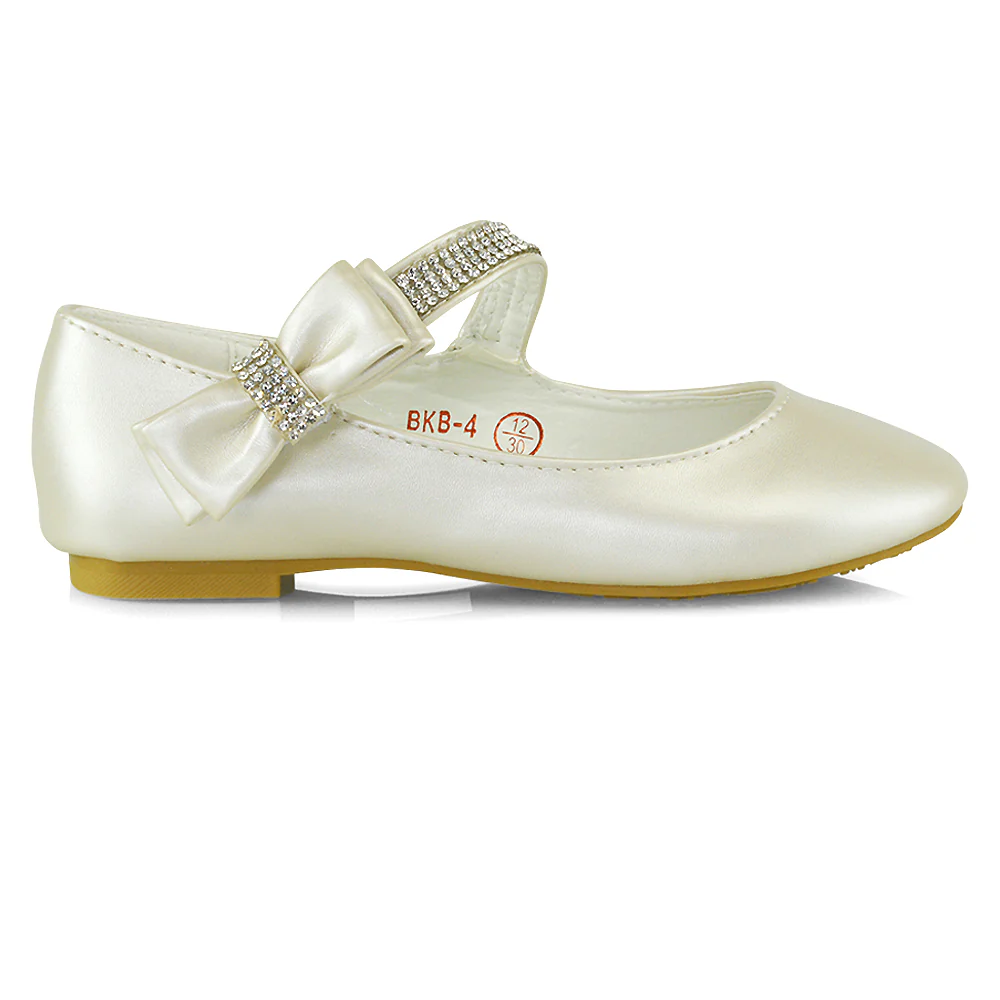 Lilo Kids Flat Bow Detail Diamante Embellished Detail Front Strap Wedding Ballerina Pump Shoes In Rose Gold - Image 53
