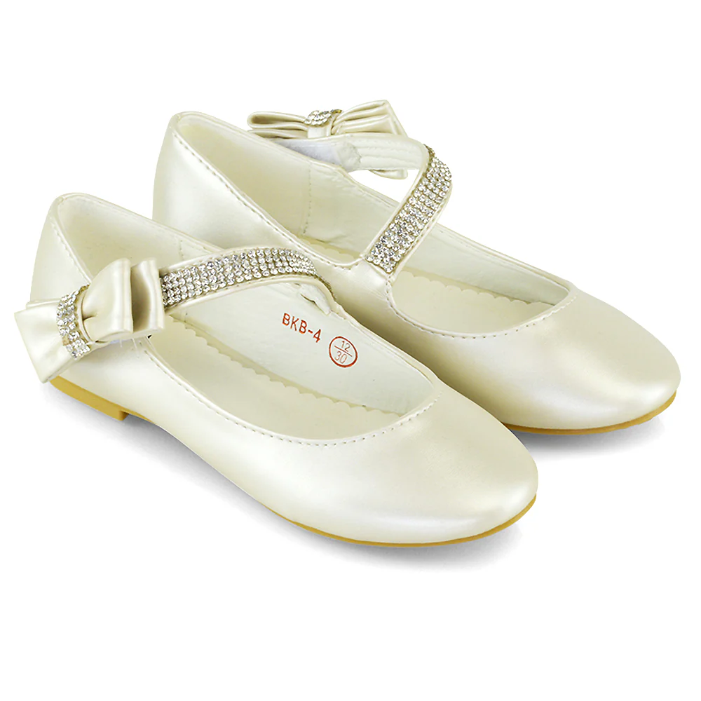 Lilo Kids Flat Bow Detail Diamante Embellished Detail Front Strap Wedding Ballerina Pump Shoes In Rose Gold - Image 67