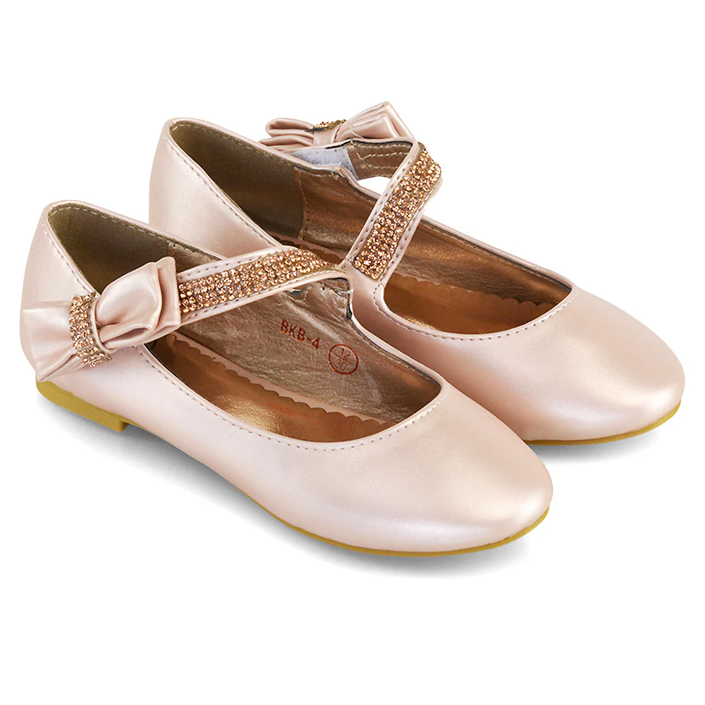 Lilo Kids Flat Bow Detail Diamante Embellished Detail Front Strap Wedding Ballerina Pump Shoes In Rose Gold - Image 83