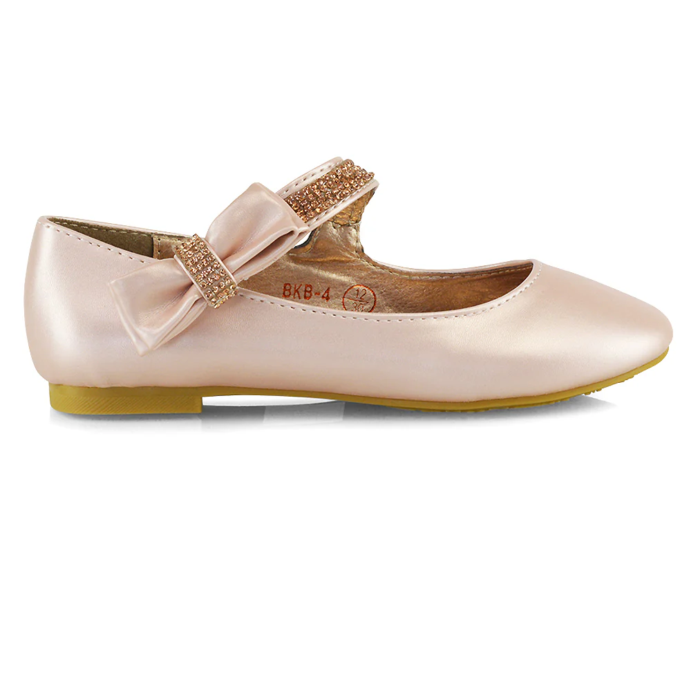 Lilo Kids Flat Bow Detail Diamante Embellished Detail Front Strap Wedding Ballerina Pump Shoes In Rose Gold - Image 85