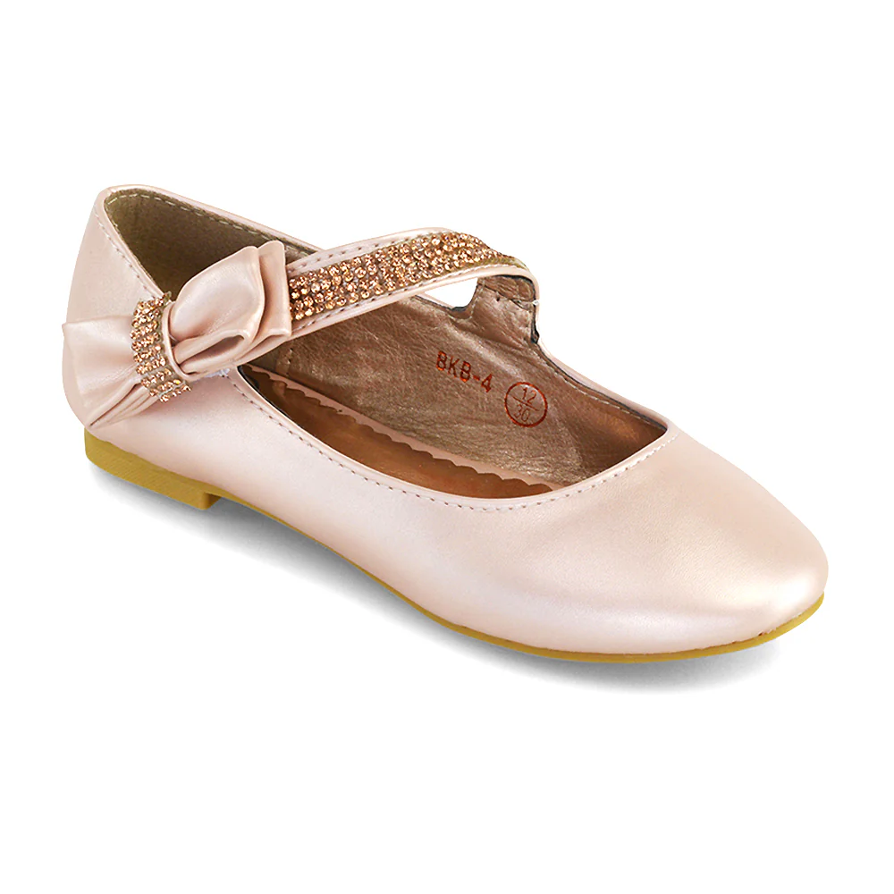 Lilo Kids Flat Bow Detail Diamante Embellished Detail Front Strap Wedding Ballerina Pump Shoes In Rose Gold - Image 94