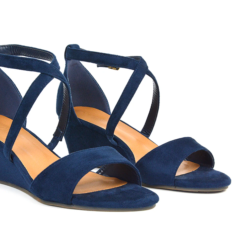 Lily Wedge Heel Ankle Strap Summer Holiday Sandals in Navy Faux Suede - Image 2