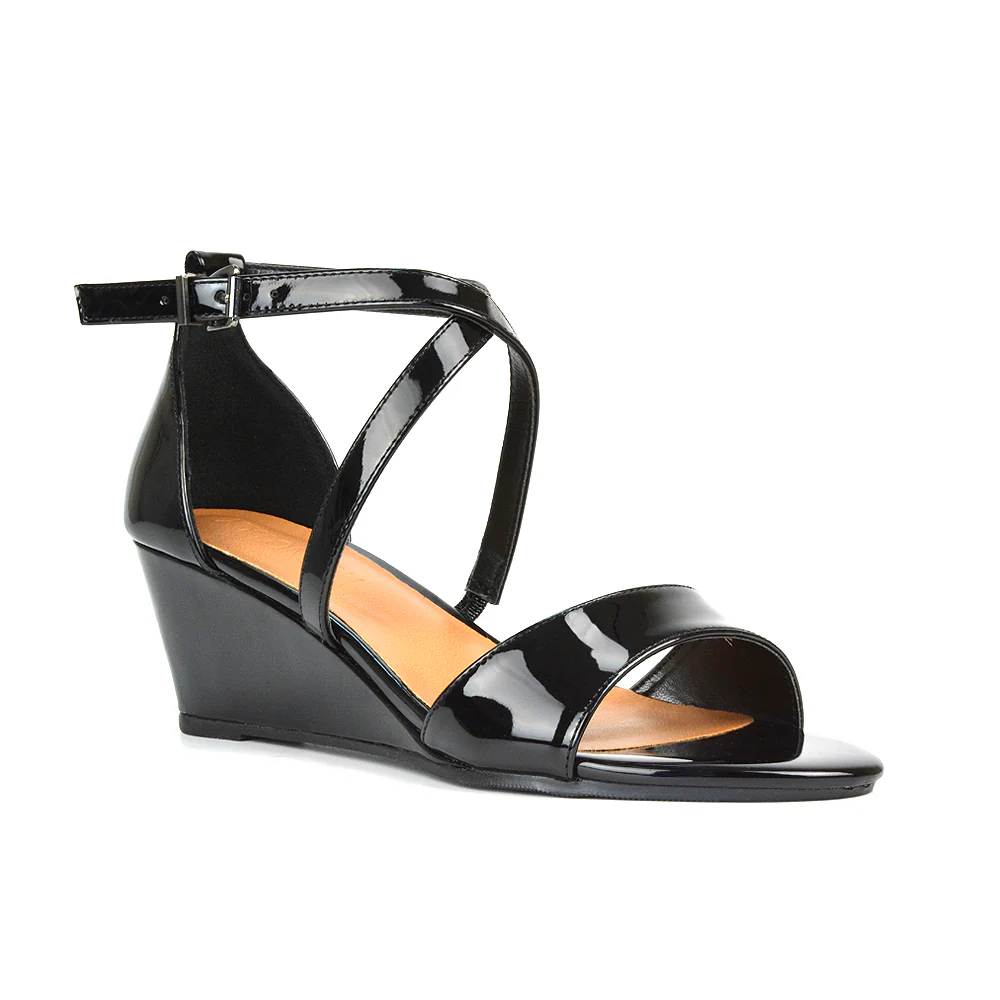 Lily Wedge Heel Ankle Strap Summer Holiday Sandals in Navy Faux Suede - Image 11