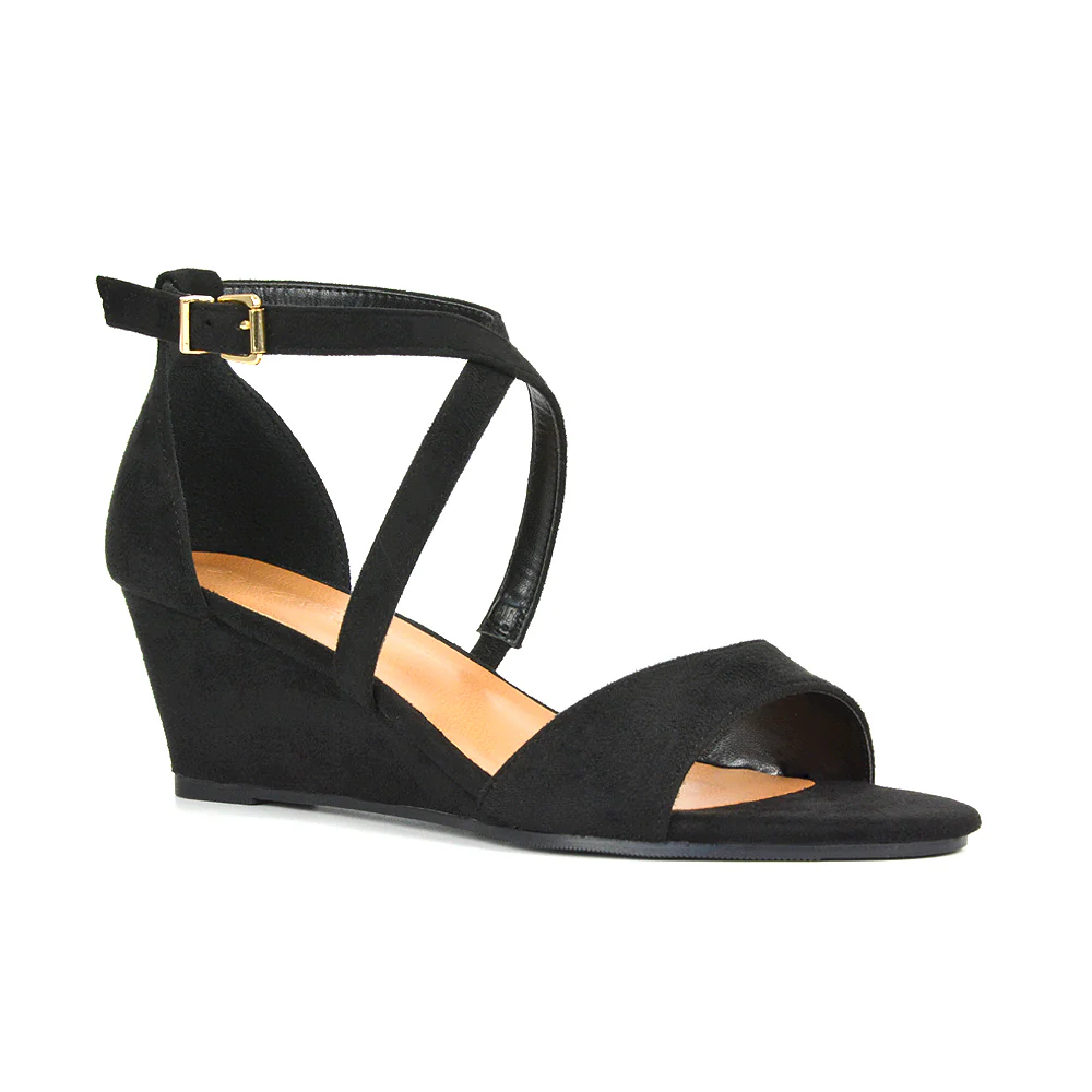 Lily Wedge Heel Ankle Strap Summer Holiday Sandals in Navy Faux Suede - Image 17