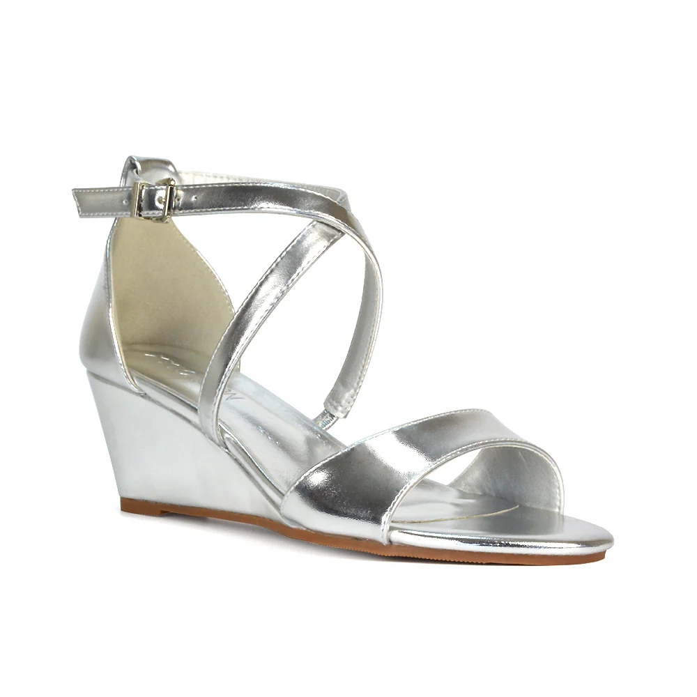 Lily Wedge Heel Ankle Strap Summer Holiday Sandals in Navy Faux Suede - Image 29