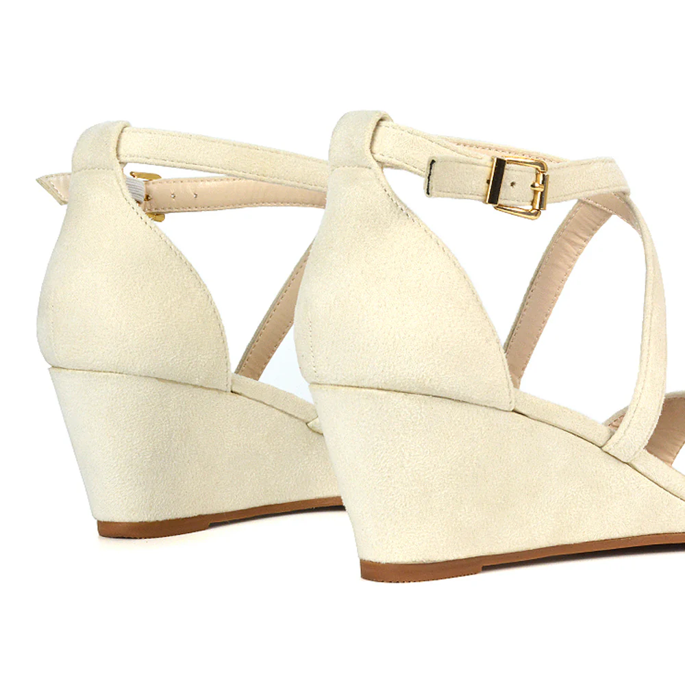 Lily Wedge Heel Ankle Strap Summer Holiday Sandals in Navy Faux Suede - Image 21