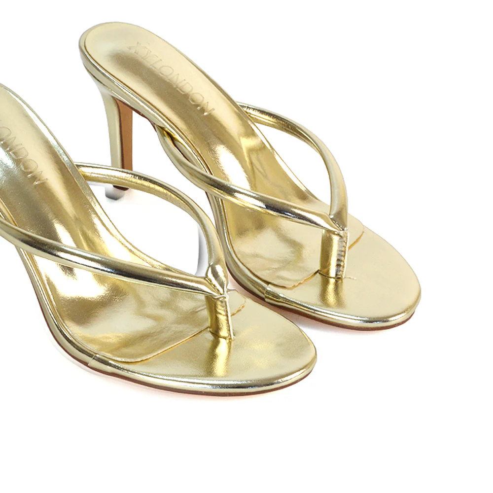 Lisa Stiletto High Heel Slip On Flip Flop Heeled Sandal Mules in Gold Metallic - Image 5
