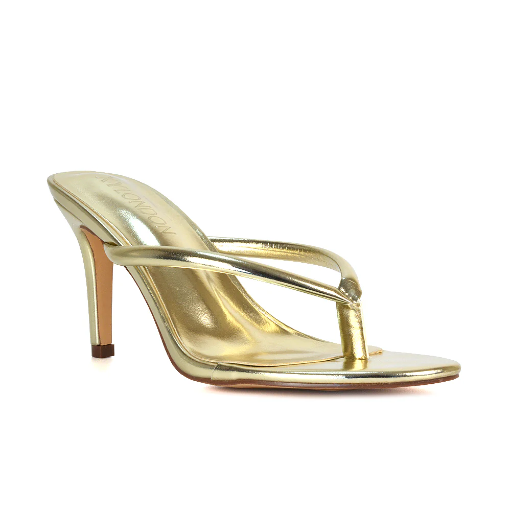 Lisa Stiletto High Heel Slip On Flip Flop Heeled Sandal Mules in Gold Metallic - Image 6