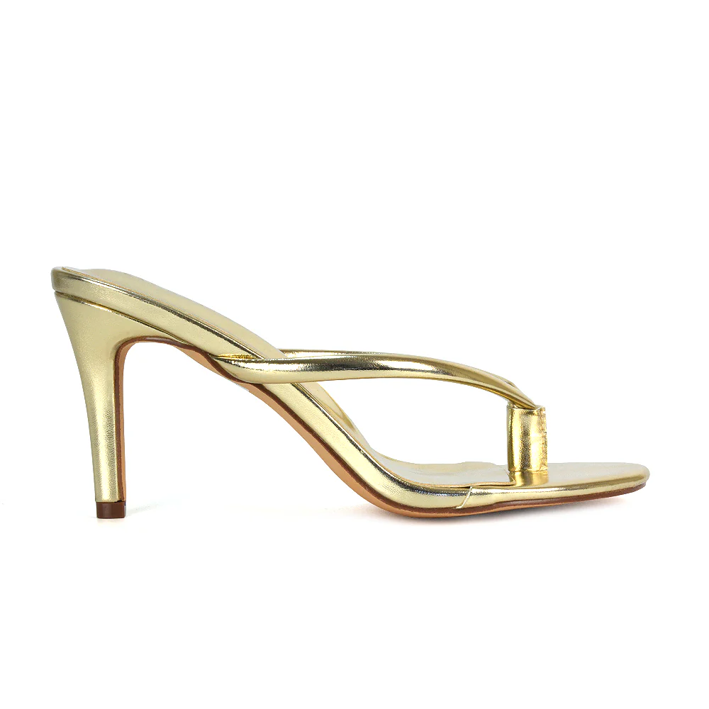 Lisa Stiletto High Heel Slip On Flip Flop Heeled Sandal Mules in Gold Metallic - Image 7