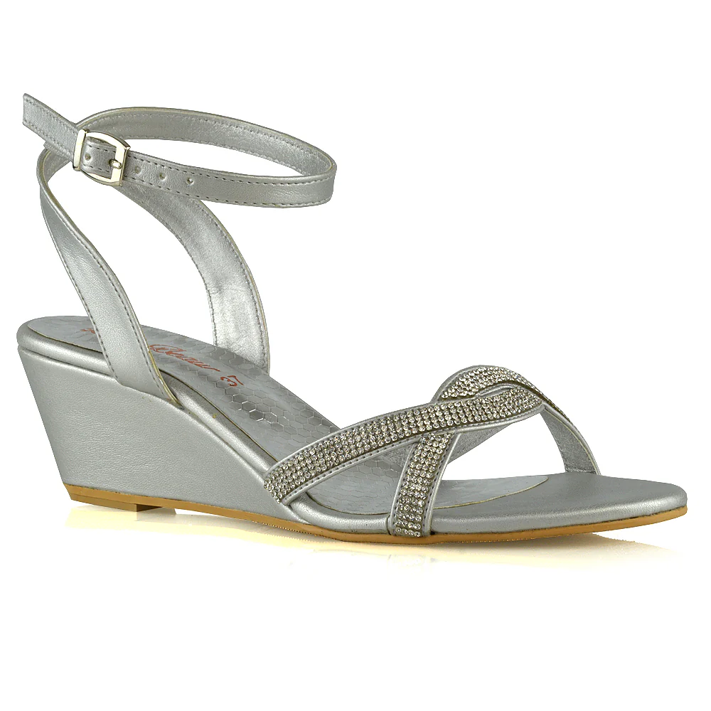 Livvy Diamante Embellished Low Heel Cross Over Strappy Wedge Sandals in Black - Image 15