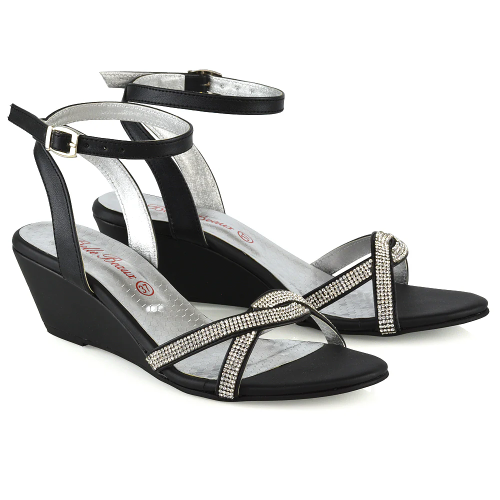 Livvy Diamante Embellished Low Heel Cross Over Strappy Wedge Sandals in Black - Image 3