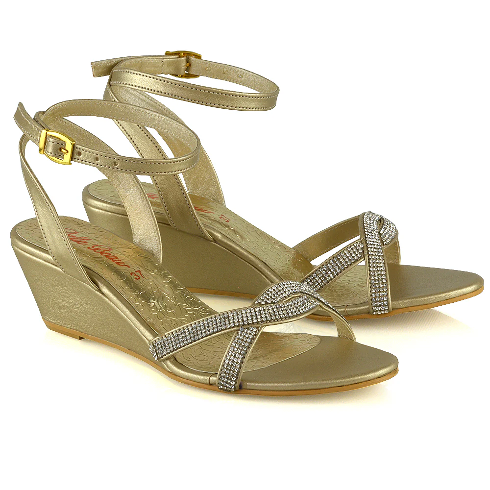 Livvy Diamante Embellished Low Heel Cross Over Strappy Wedge Sandals in Gold - Image 3