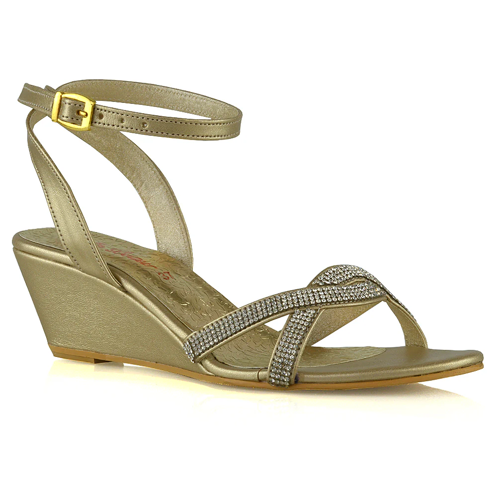 Livvy Diamante Embellished Low Heel Cross Over Strappy Wedge Sandals in Silver - Image 19