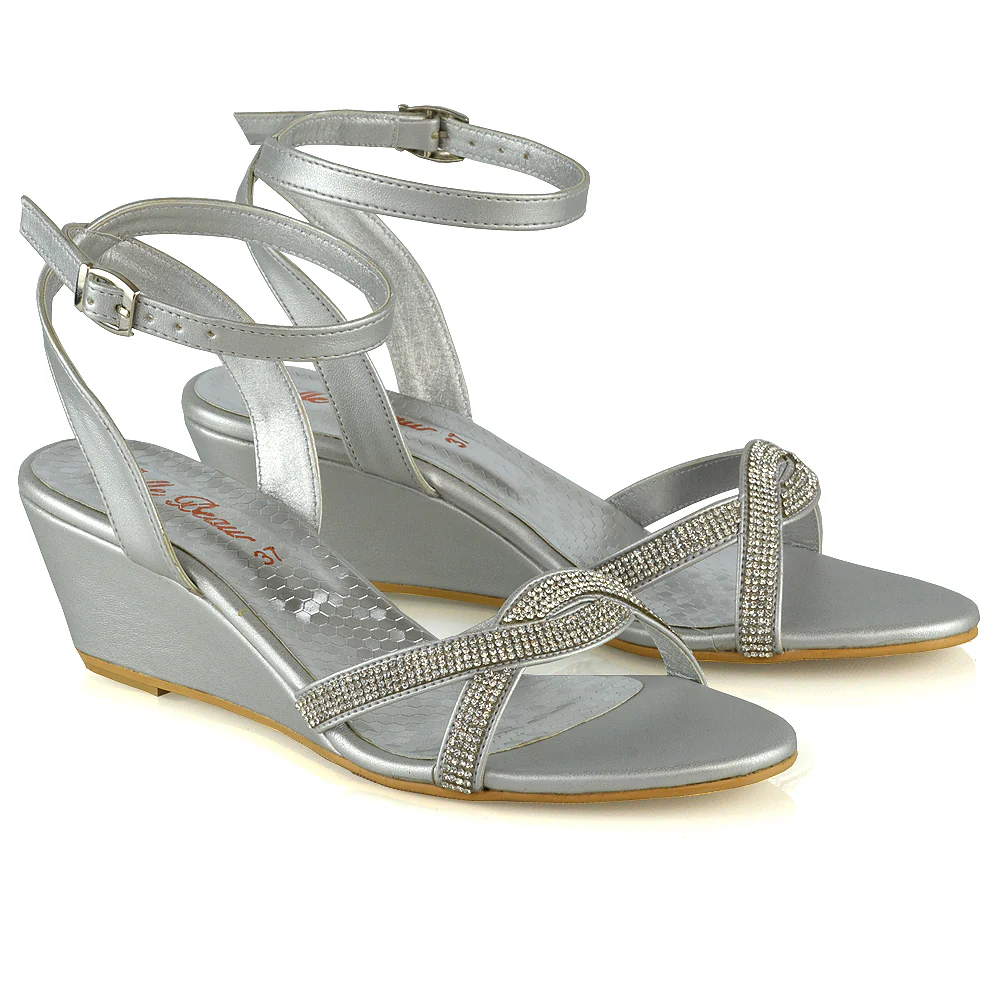 Livvy Diamante Embellished Low Heel Cross Over Strappy Wedge Sandals in Silver - Image 3