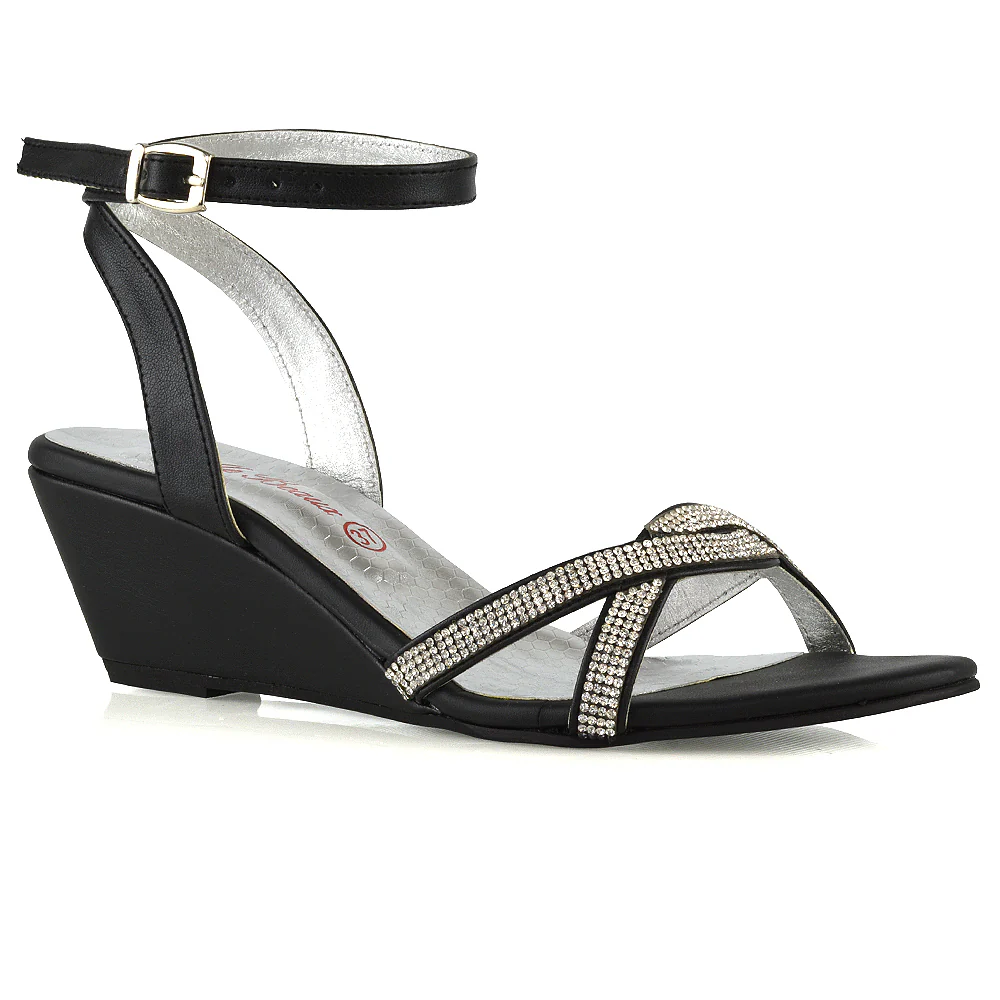 Livvy Diamante Embellished Low Heel Cross Over Strappy Wedge Sandals in Silver - Image 7