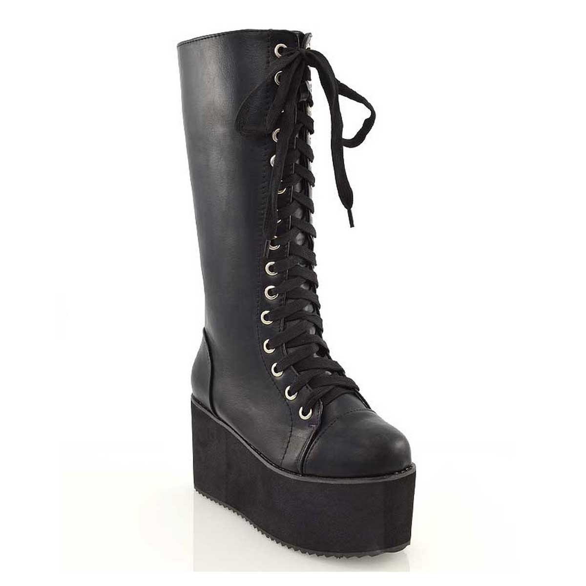 LIZ'S CHUNKY SOLE LACE UP KNEE HIGH BIKER WINTER PLATFORM BOOTS IN BLACK FAUX SUEDE - Image 15